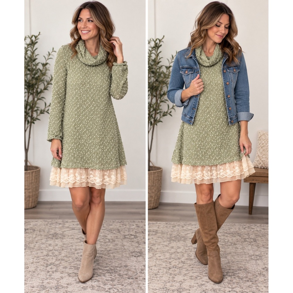 A'reve Textured Cowl Neck Lace Hem Sweater Dress Size M Sage Cream NWT